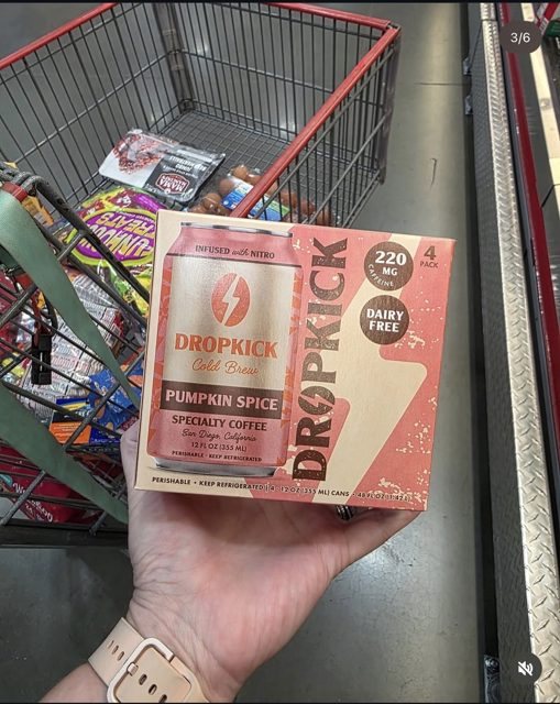 A Pumpkin Spice 4-pack in a Costco cart